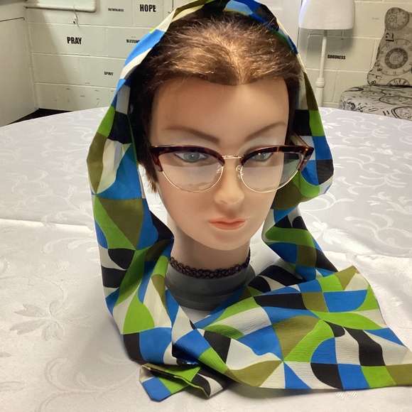 Geometric Patterned Scarf - Blue, Green, Black - Picture 1 of 6